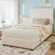 Letto singolo imbottito per bambini 90x200 cm con testiera a biscotto, beige