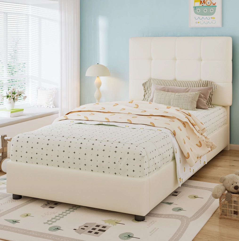 Letto singolo imbottito per bambini 90x200 cm con testiera a biscotto, beige