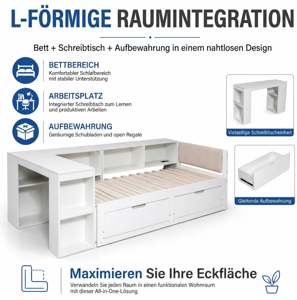 Letto angolare 3 in 1 con scrivania e contenitore 180x200 cm