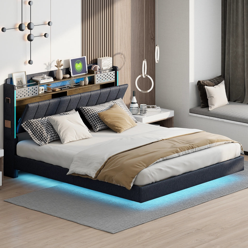 Letto matrimoniale imbottito 160 × 200 cm con LED e USB testiera contenitore rete a doghe tessuto di lino grigio