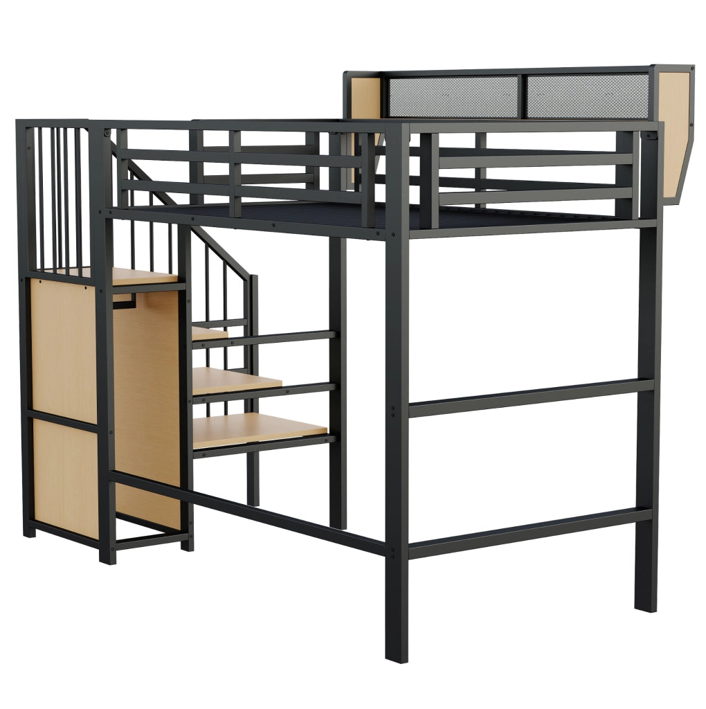 Letto a soppalco in metallo 90x200 cm con scala di sicurezza e ripiano modulabile, colore nero