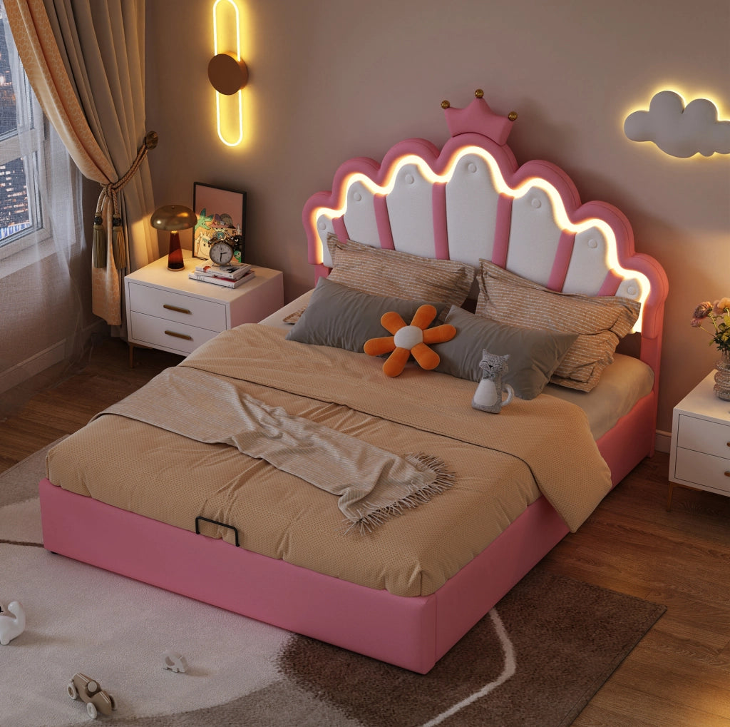 Letto imbottito rosa 140 x 200 cm con LED e vano contenitore