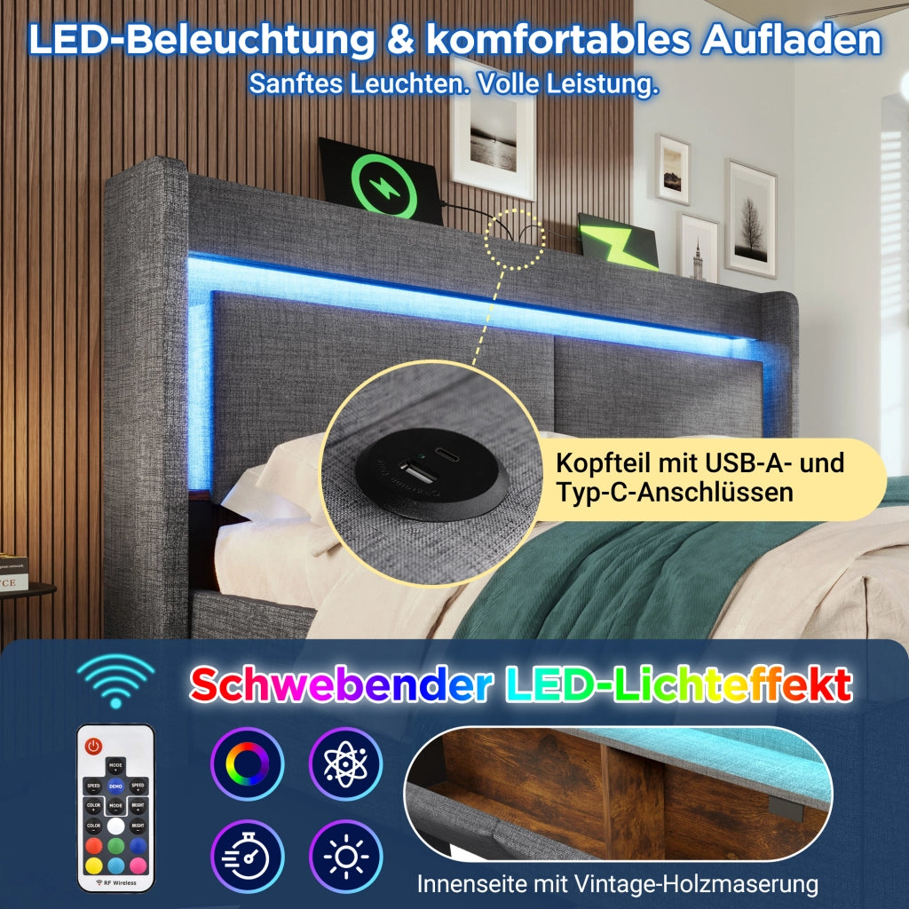 Letto matrimoniale 160 × 200 cm contenitore idraulico in lino grigio con LED USB e USB-C testiera con vani