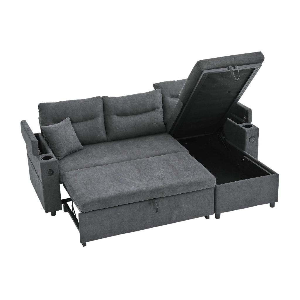Divano letto 3 posti 212;5x136 cm con chaise longue contenitore; USB-C e portabevande; lino grigio scuro