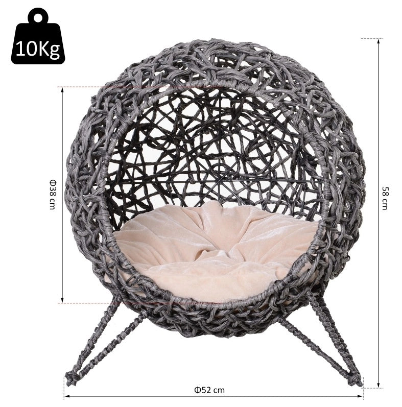 Cuccia per gatto in rattan Ø52 x 58 cm grigio argento con cuscino, gambe rialzate