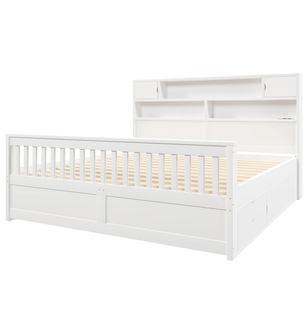 Letto matrimoniale 180x200 cm con testiera libreria LED e 4 cassetti in MDF e compensato; bianco