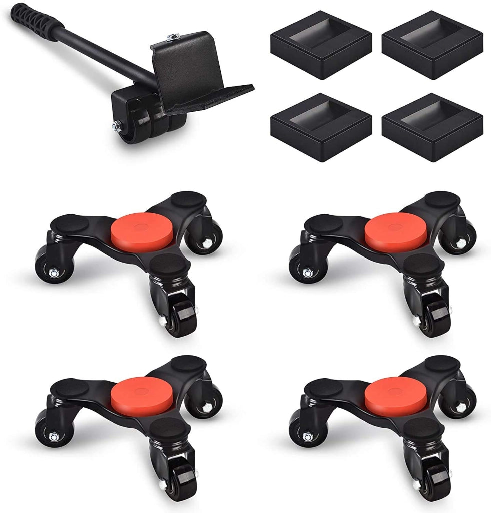 Carrello Tri-Dolly in Acciaio da 15 cm, 3 Ruote per Mobili con Sollevatore, Rulli per Trasporto Mobili Pesanti, Capacità 200 kg, Confezione da 4, Nero
