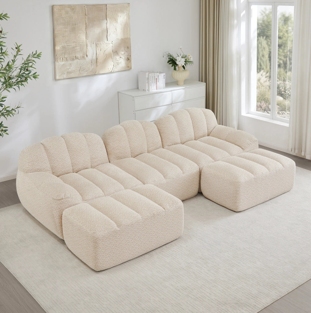 Divano modulare a U 288x165 cm beige in tessuto, 2 pouf, senza montaggio