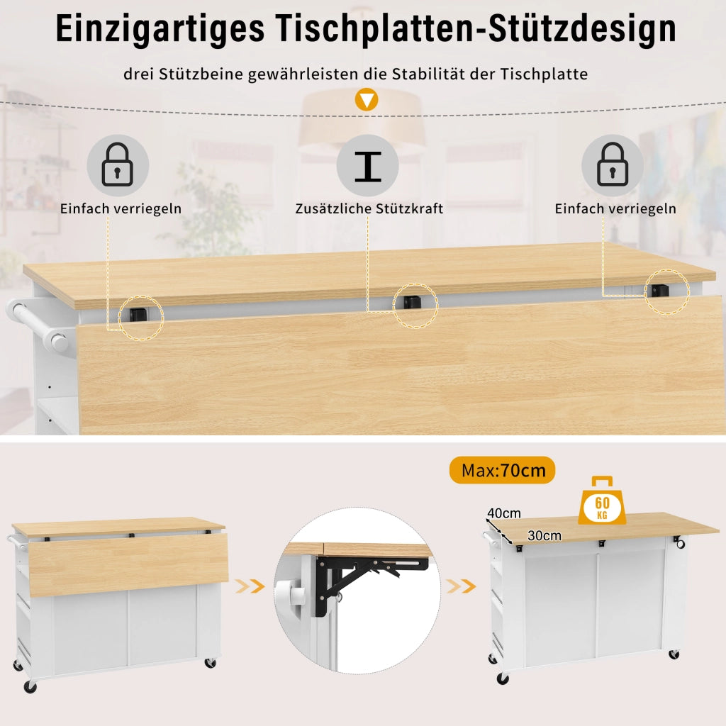 Isola da cucina con piano estensibile in MDF e PB bianco naturale con prese AC USB e USB C ruote bloccabili
