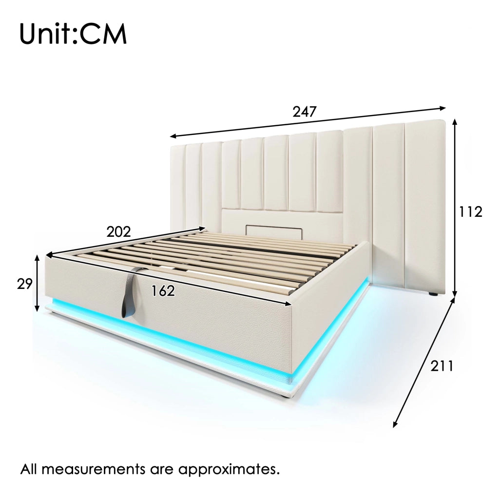 Letto matrimoniale contenitore 160 × 200 cm con LED controllabile tramite app e ricarica USB C in PU bianco