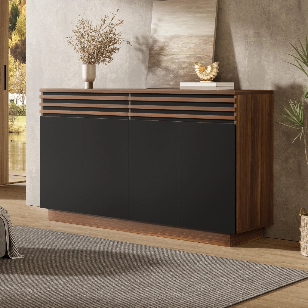 Credenza 150x40x85 cm in MDF marrone e nero con 2 cassetti e 4 ante