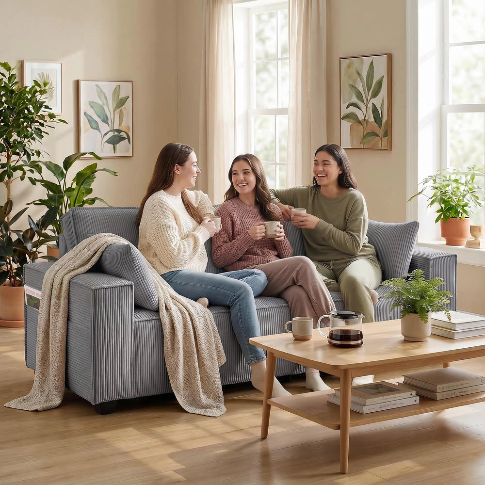Divano 3 Posti 218 cm Moderno in Velluto a Coste con Molle Insacchettate e 2 Cuscini Grigio Chiaro per Soggiorno