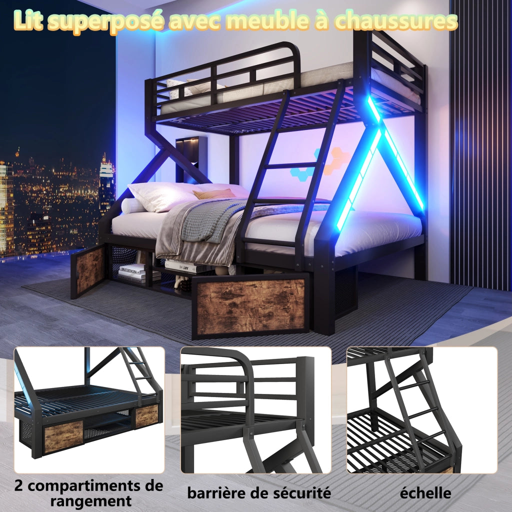 Letto a Castello 90x200/140x200 con Rangement Integrato; LED; Sponde di Sicurezza LEMONMAX Salvaspazio per Camera Bambini
