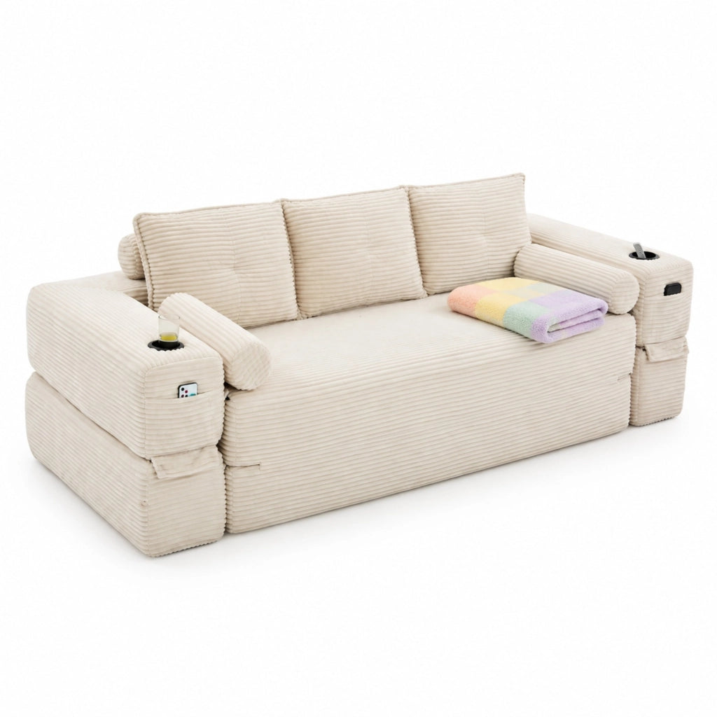 Divano letto pieghevole in velluto a coste beige con portabicchieri
