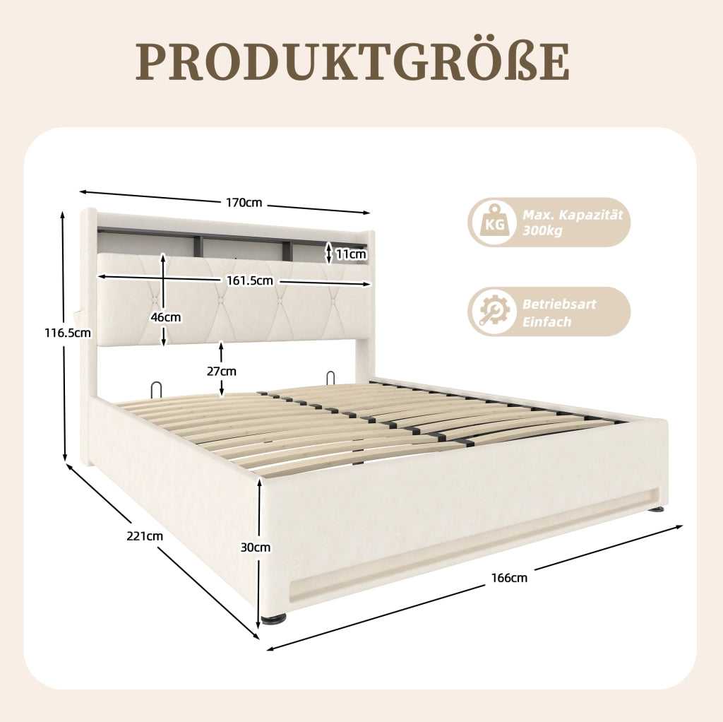 Letto contenitore 160x200 beige in velluto con LED, USB, Type-C e materasso