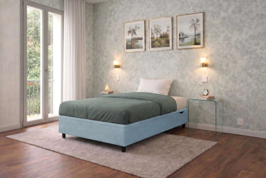 Letto Singolo Contenitore Imbottito 80x190 cm Microfibra Azzurro BoxMax