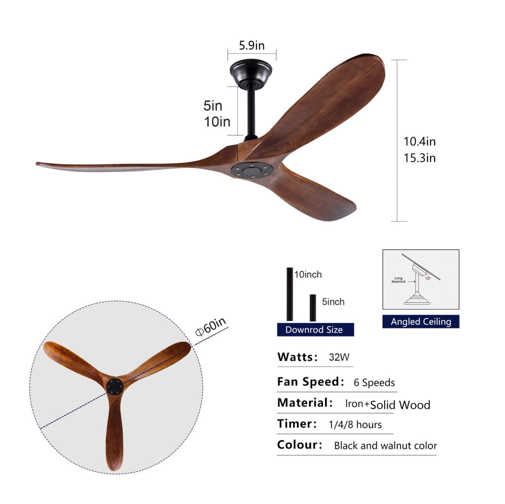 Ventilatore da soffitto 152;4 cm nero e noce scuro; legno e metallo - 6 velocità