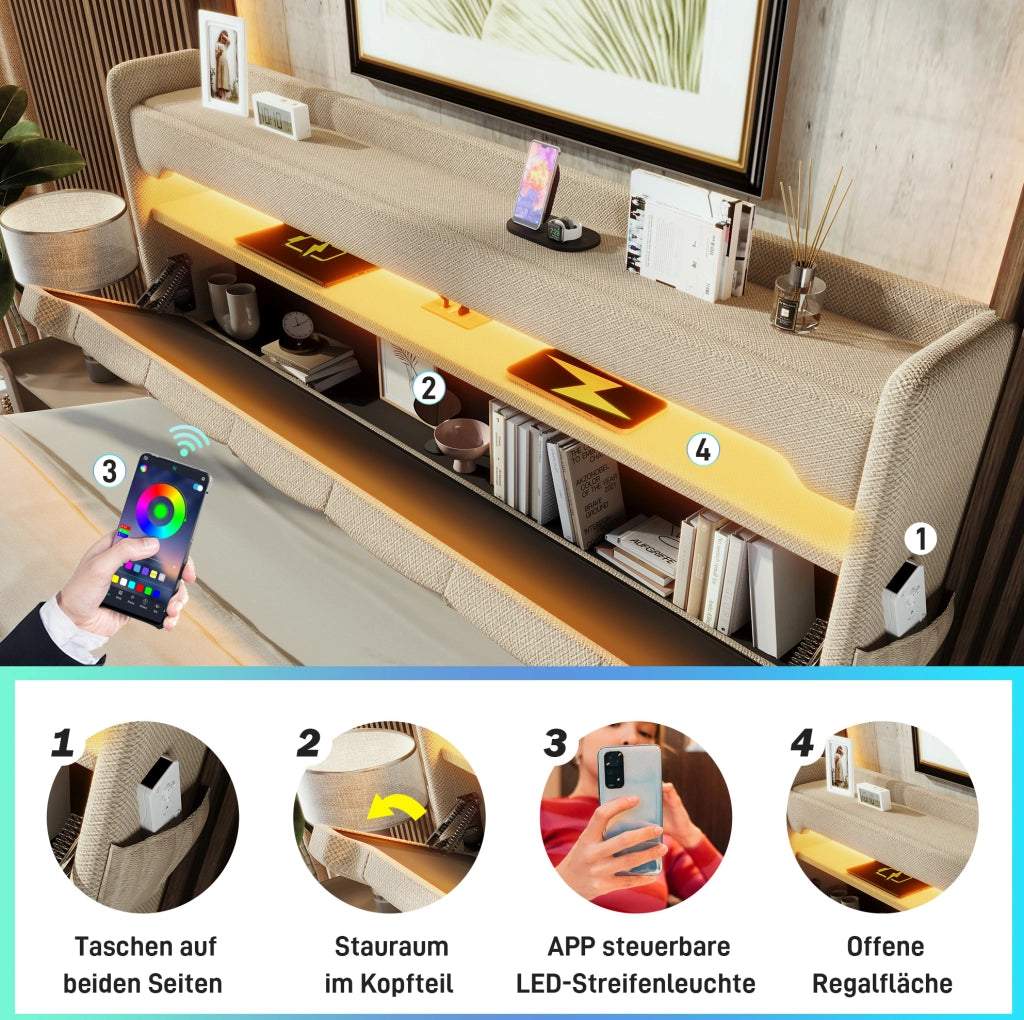 Letto matrimoniale 160 × 200 cm con contenitore idraulico; LED; USB e Type-C; lino beige
