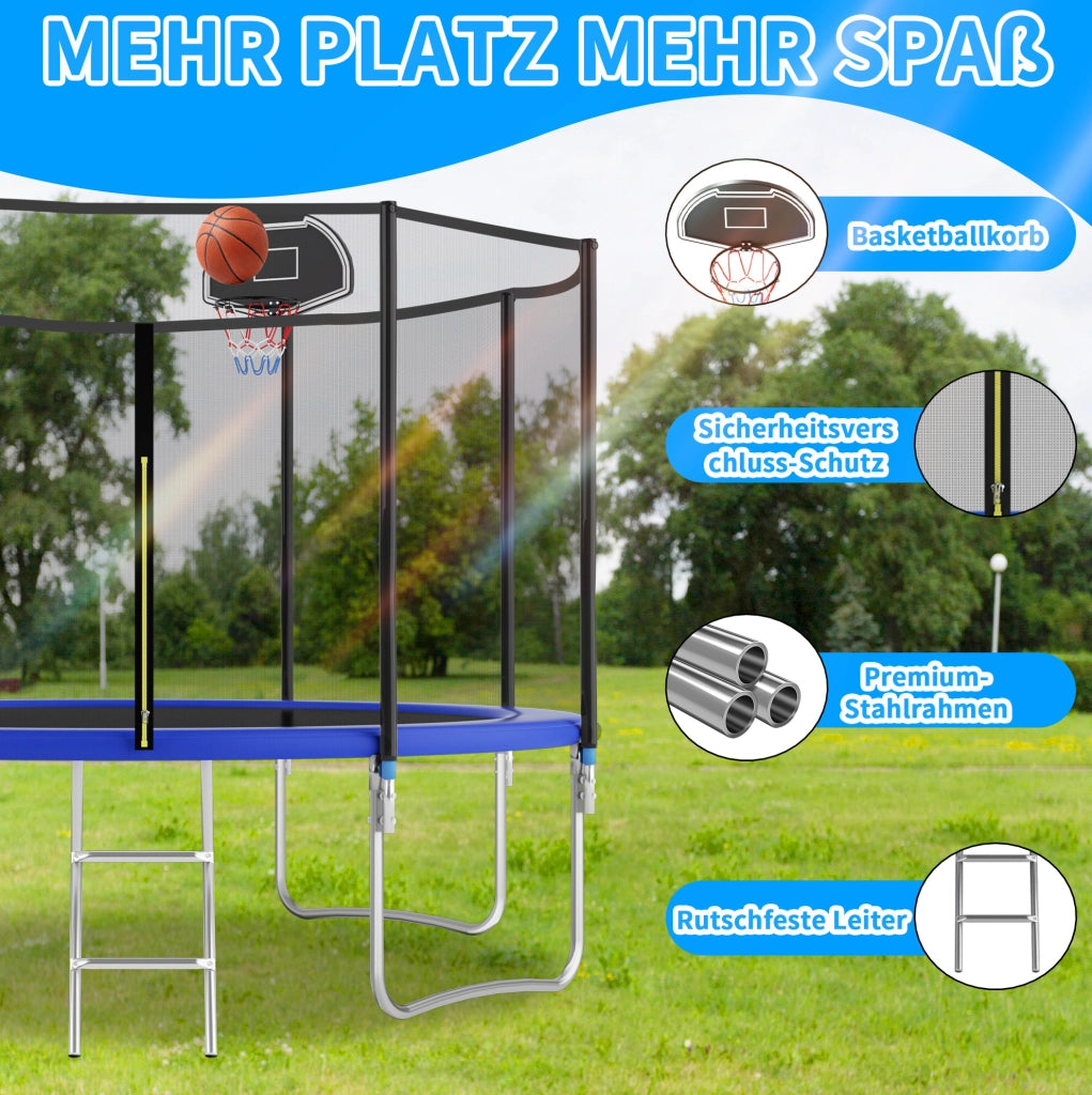 Trampolino rotondo da esterno 366 cm blu con rete di sicurezza, canestro e scala