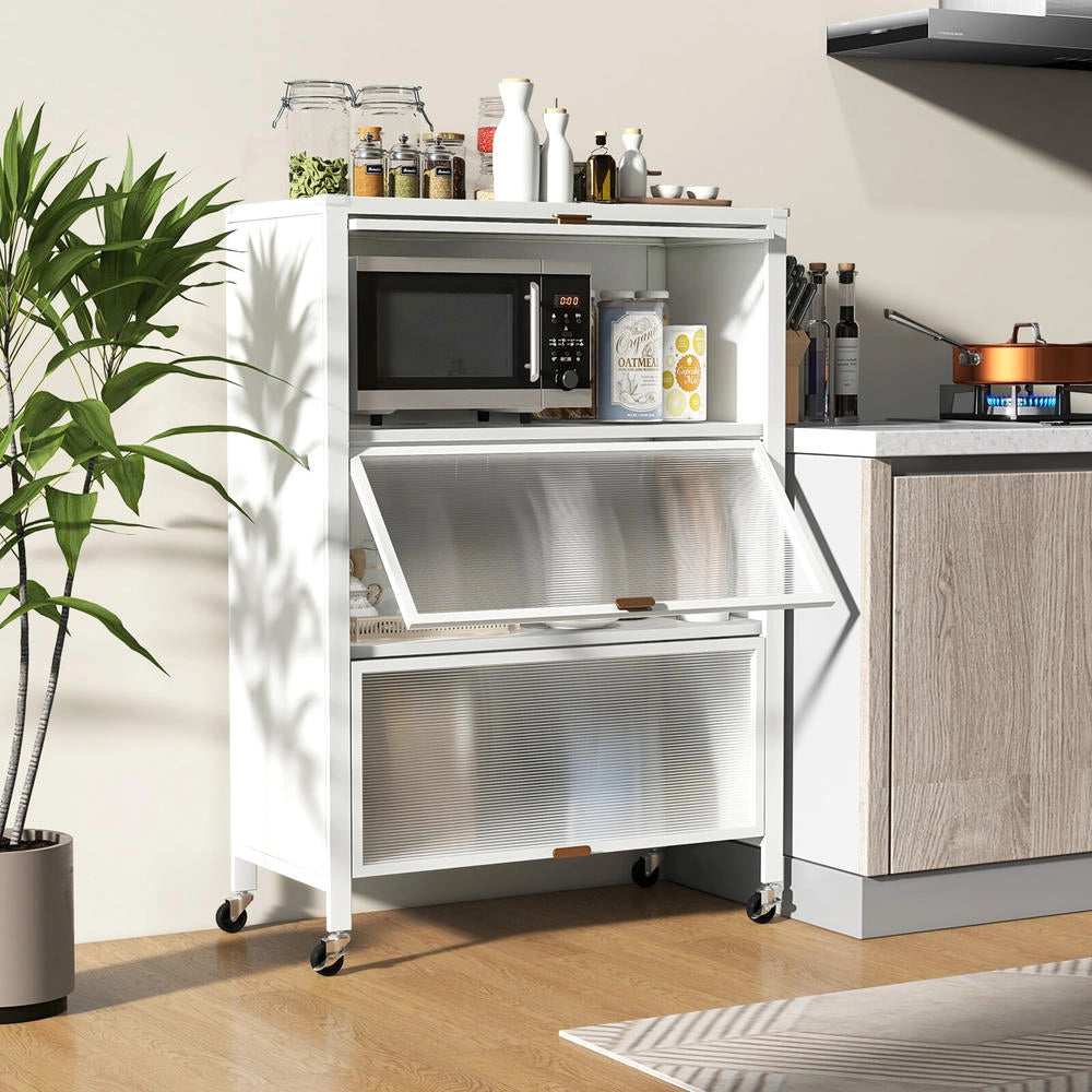 Scaffale da cucina a 4 ripiani con ante a ribalta, mobile credenza in metallo con ruote, salvaspazio per casa, bianco