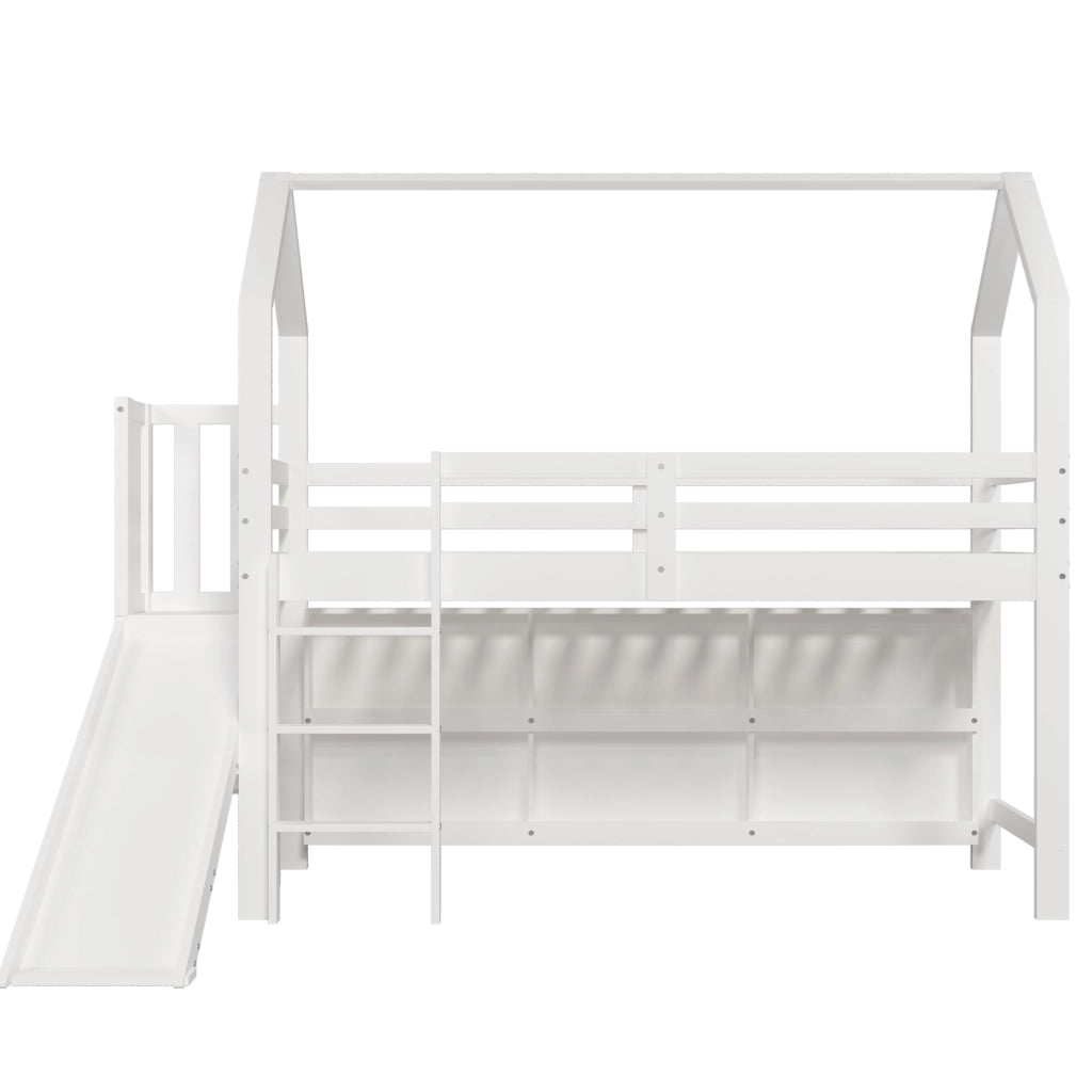 Letto singolo per bambini 90 × 200 cm con rete a doghe scivolo scale contenitori e ripiani in legno bianco