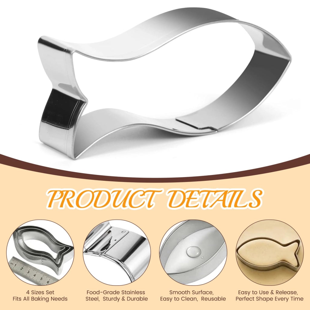 Set di 4 formine per biscotti in acciaio inossidabile, a tema pesce, 4 diverse dimensioni, colore argento