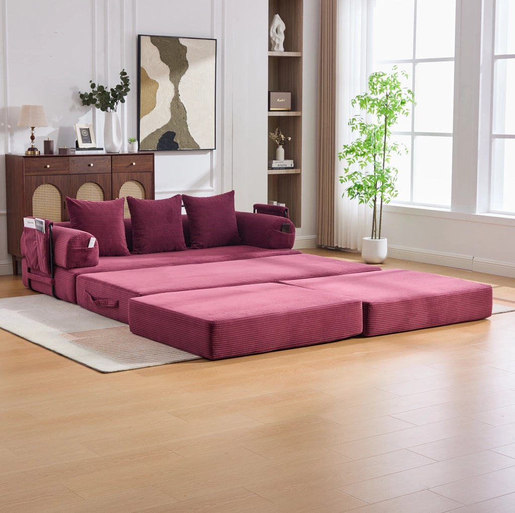 Divano modulare IVMEU 200x190x67 cm con pouf, 3 cuscini e tasca laterale, velluto a coste rosso vinaccia