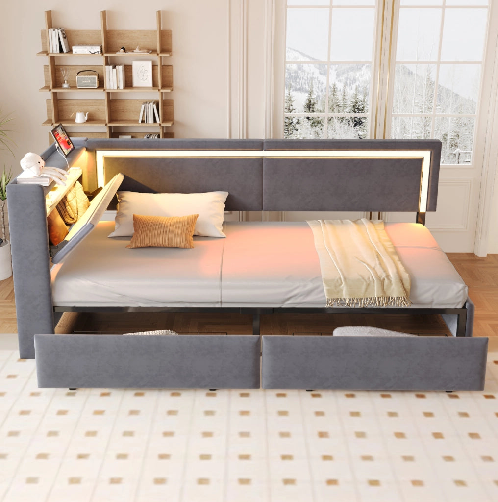 Divano letto singolo 90x200 cm con LED; USB; contenitore e cassetti in velluto grigio scuro