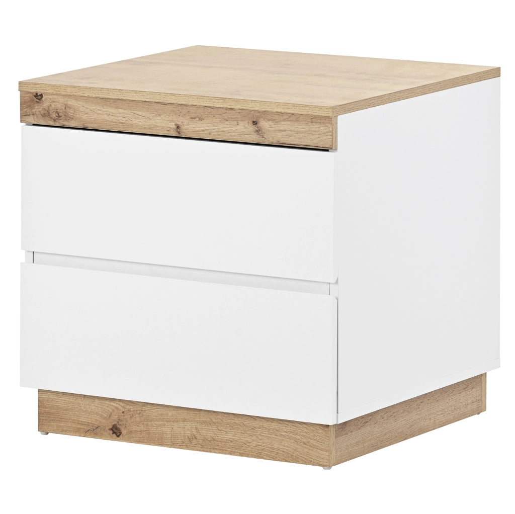 Comodino con due cassetti in truciolato E1 bianco e effetto quercia per camera da letto