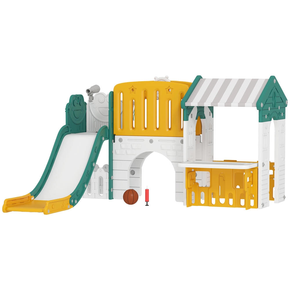 Set 7 in 1 Scivolo per Bambini e Parco Giochi da Interno in Plastica Giallo e Verde con Canestro e Lavagna