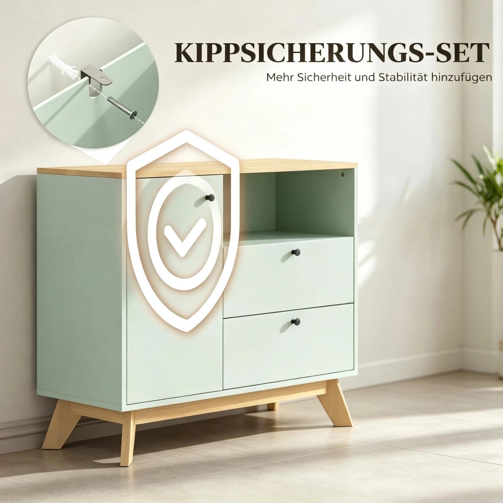Credenza 80 × 35 × 76,3 cm con un'anta due cassetti vano aperto ripiano regolabile in MDF verde chiaro e rovere