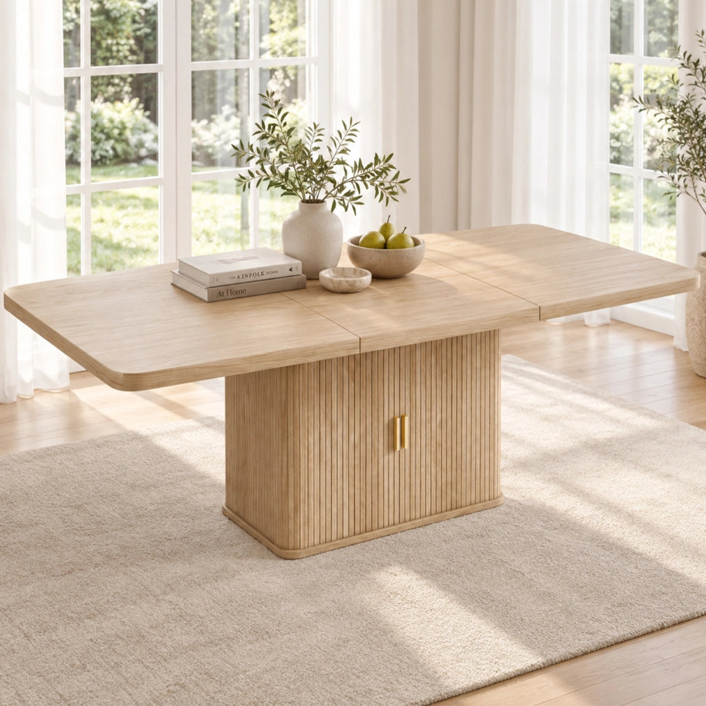Tavolo da pranzo estensibile 150/200x90x75 cm in MDF rovere con contenitore
