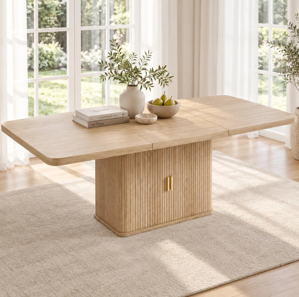 Tavolo da pranzo estensibile 150/200x90x75 cm in MDF rovere con contenitore