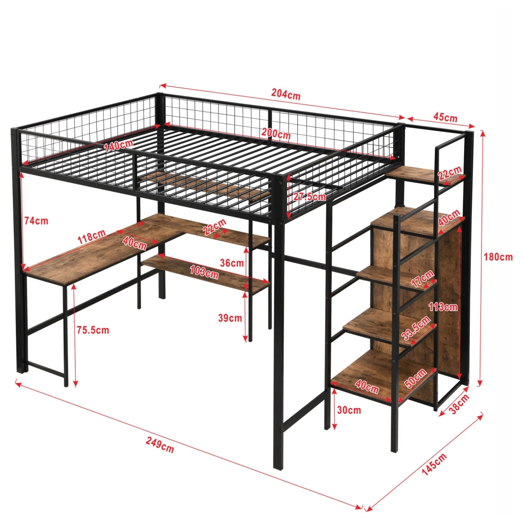 Letto a soppalco 140x200 cm in ferro con scrivania, scaffali e armadio integrato, nero