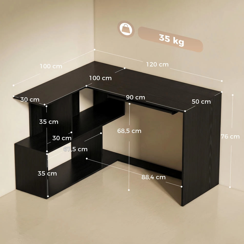 Scrivania Angolare per Computer a L con Ripiano Tastiera e 4 Scomparti Salvaspazio 120 x 100 x 76 cm Nero