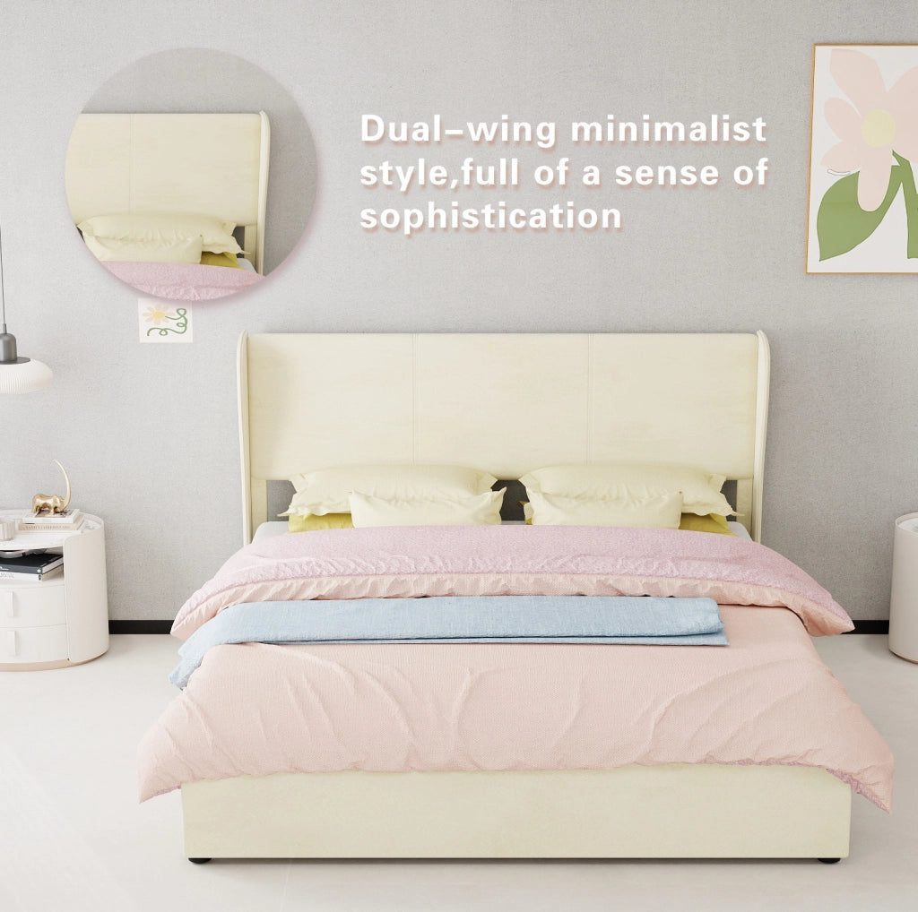 Letto Imbottito Moderno 160x200 cm Beige con Contenitore e Meccanismo a Gas, Testata Morbida e Design Minimalista