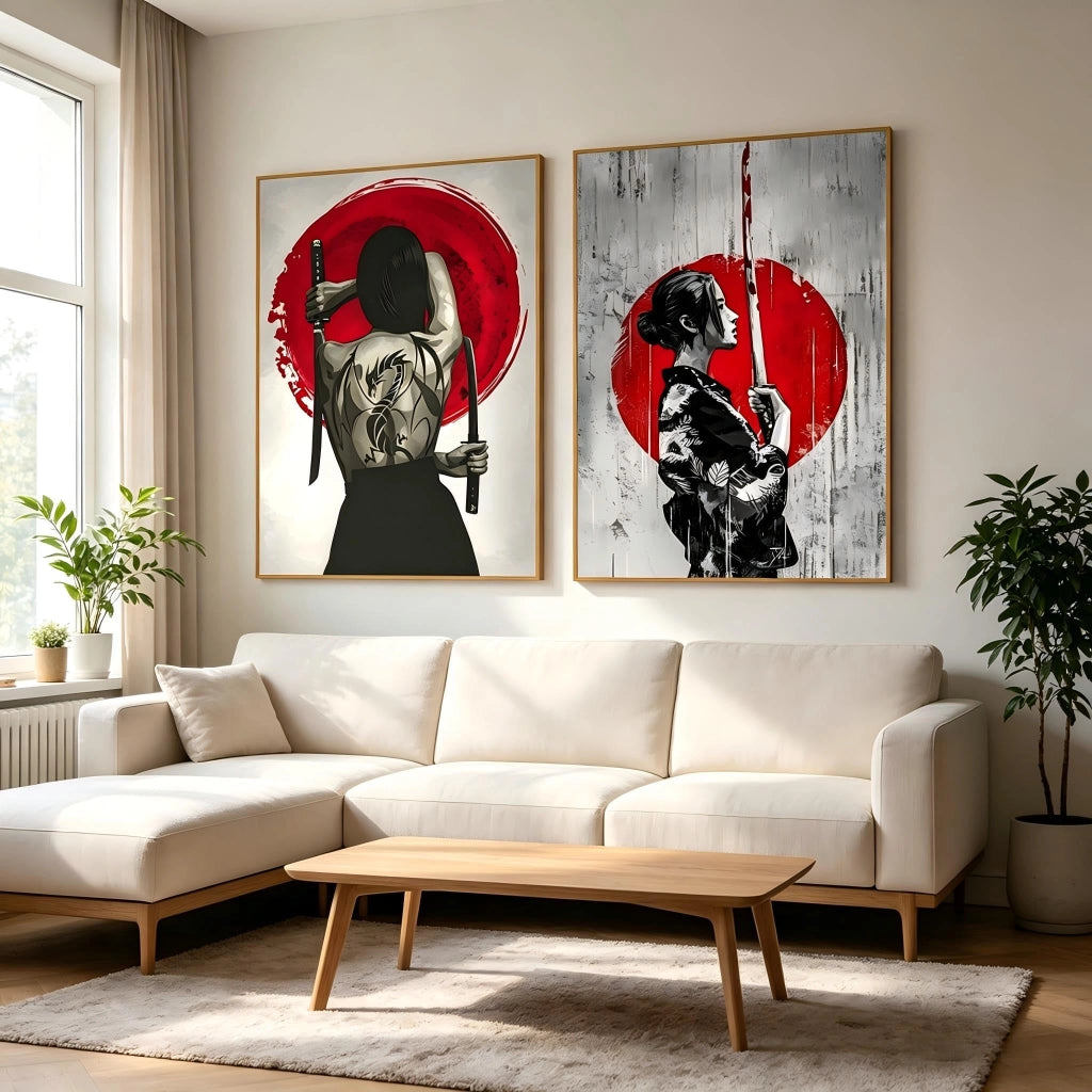 Set di 2 quadri su tela, stile samurai, dimensioni 40x60 cm, design moderno, senza cornice