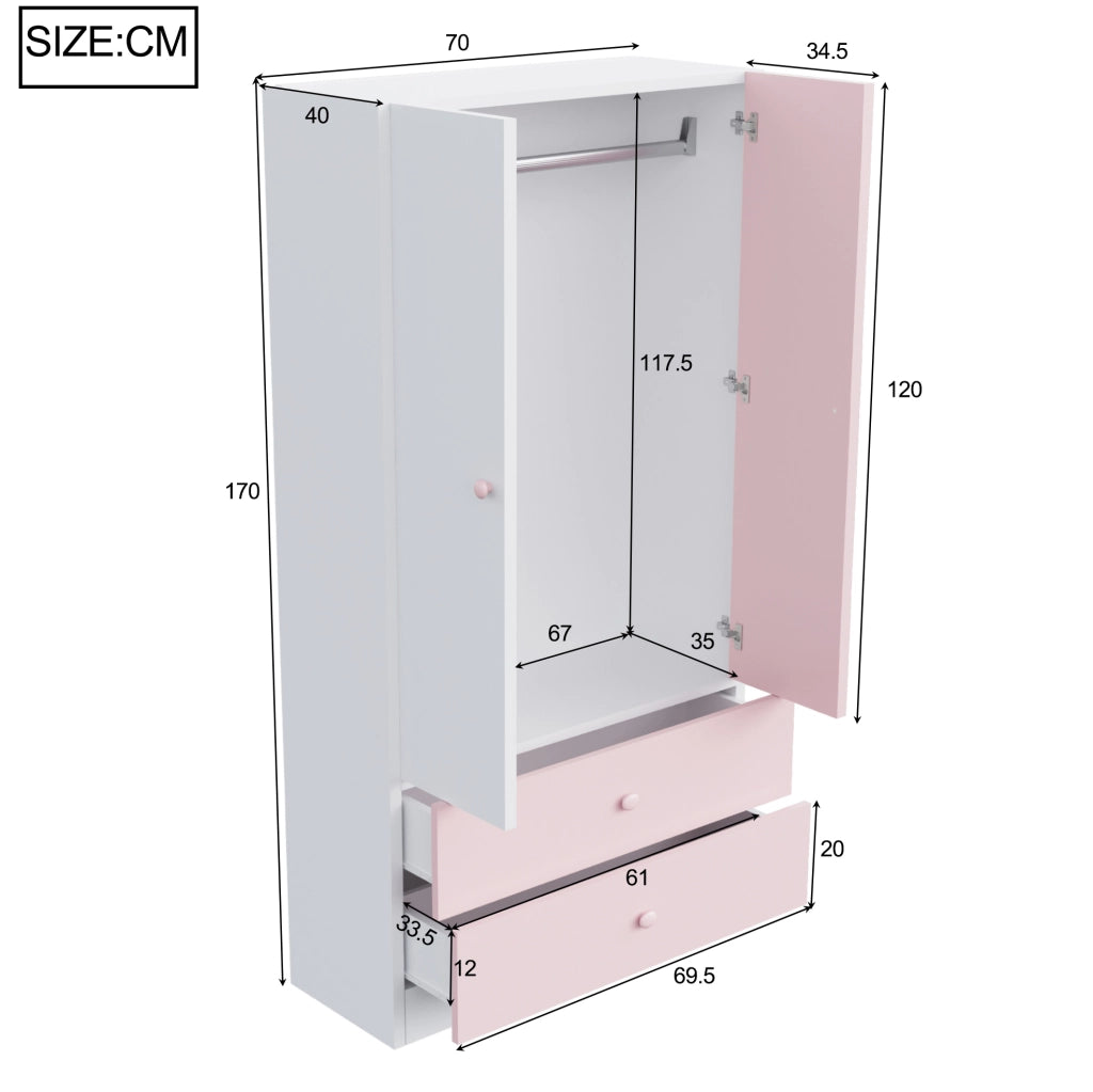 Armadio rosa e bianco 70 x 40 x 170 cm con due cassetti