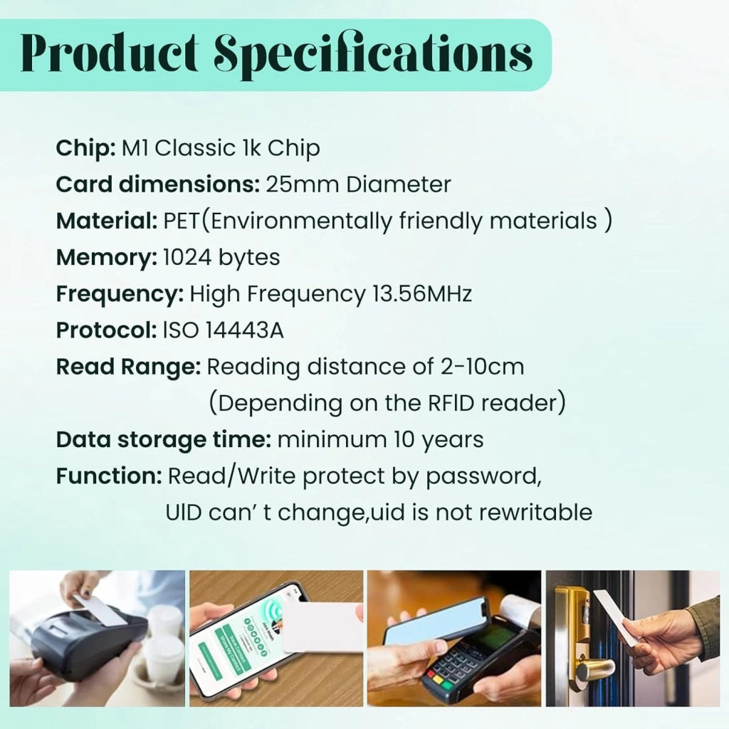 50 etichette RFID M1 Classic, 13,56 MHz, diametro di circa 25 mm, autoadesive