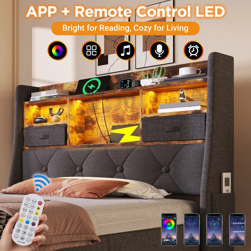 Letto singolo contenitore 90 × 200 cm in lino grigio con testiera LED e ricarica USB Type C