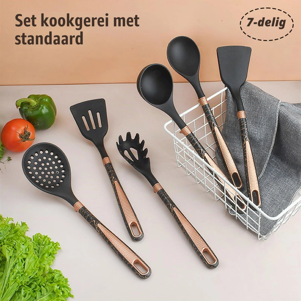 Set di 7 utensili da cucina in silicone, con supporto, colore nero
