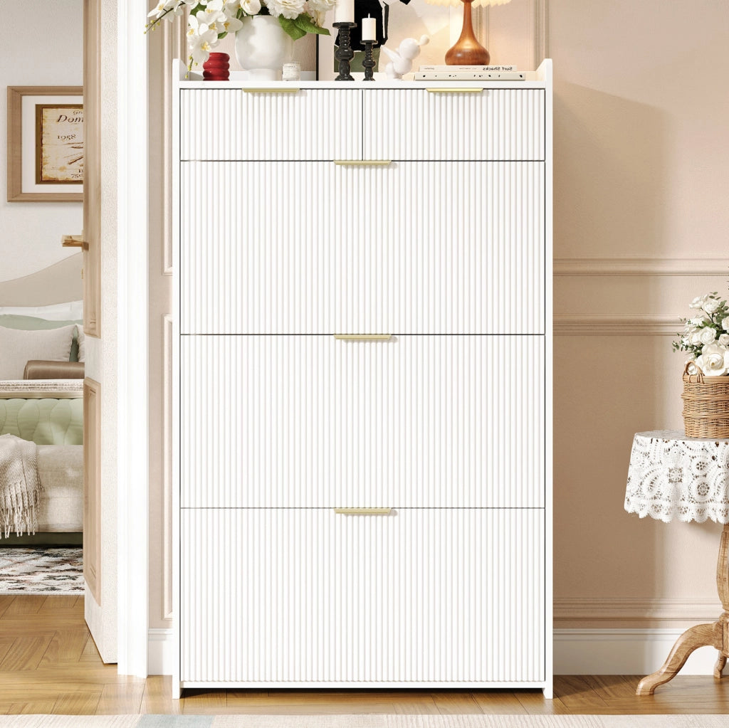 Scarpiera stretta bianca con 3 vani a ribalta e 2 cassetti, 80 x 25 x 135 cm