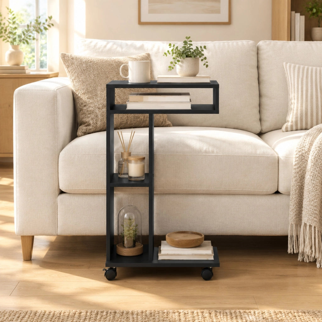 Carrello da servire a forma di C con 4 ruote e 3 ripiani, 40x30x69 cm, nero