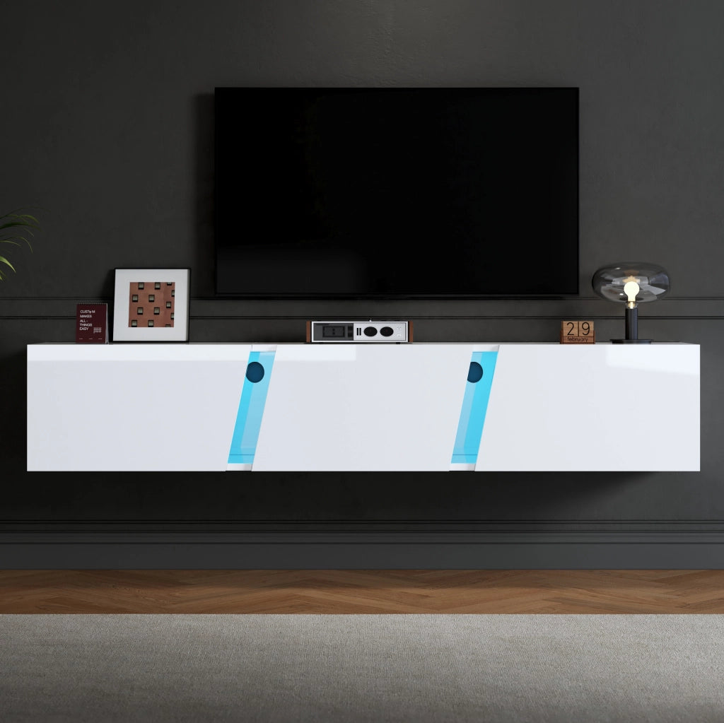 Mobile LED TV Lowboard bianco lucido sospeso 180x35x30 cm con 3 ante per TV fino a 75 pollici
