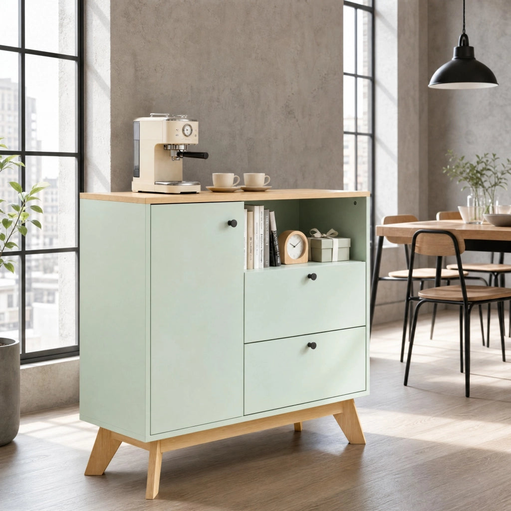 Credenza 80 × 35 × 76,3 cm con un'anta due cassetti vano aperto ripiano regolabile in MDF verde chiaro e rovere