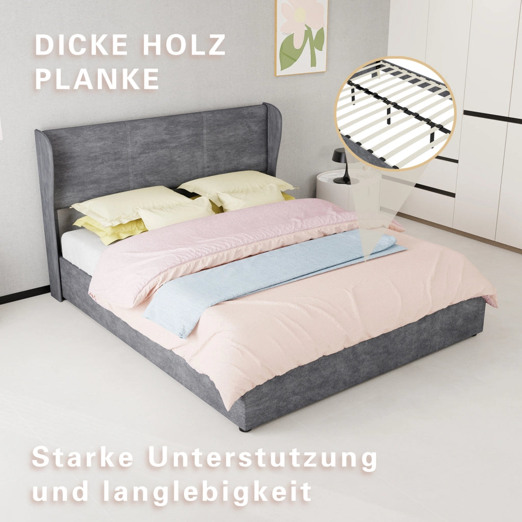 Letto imbottito 160x200 cm per adulti con testiera e schienale; struttura in legno e metallo; tessuto grigio