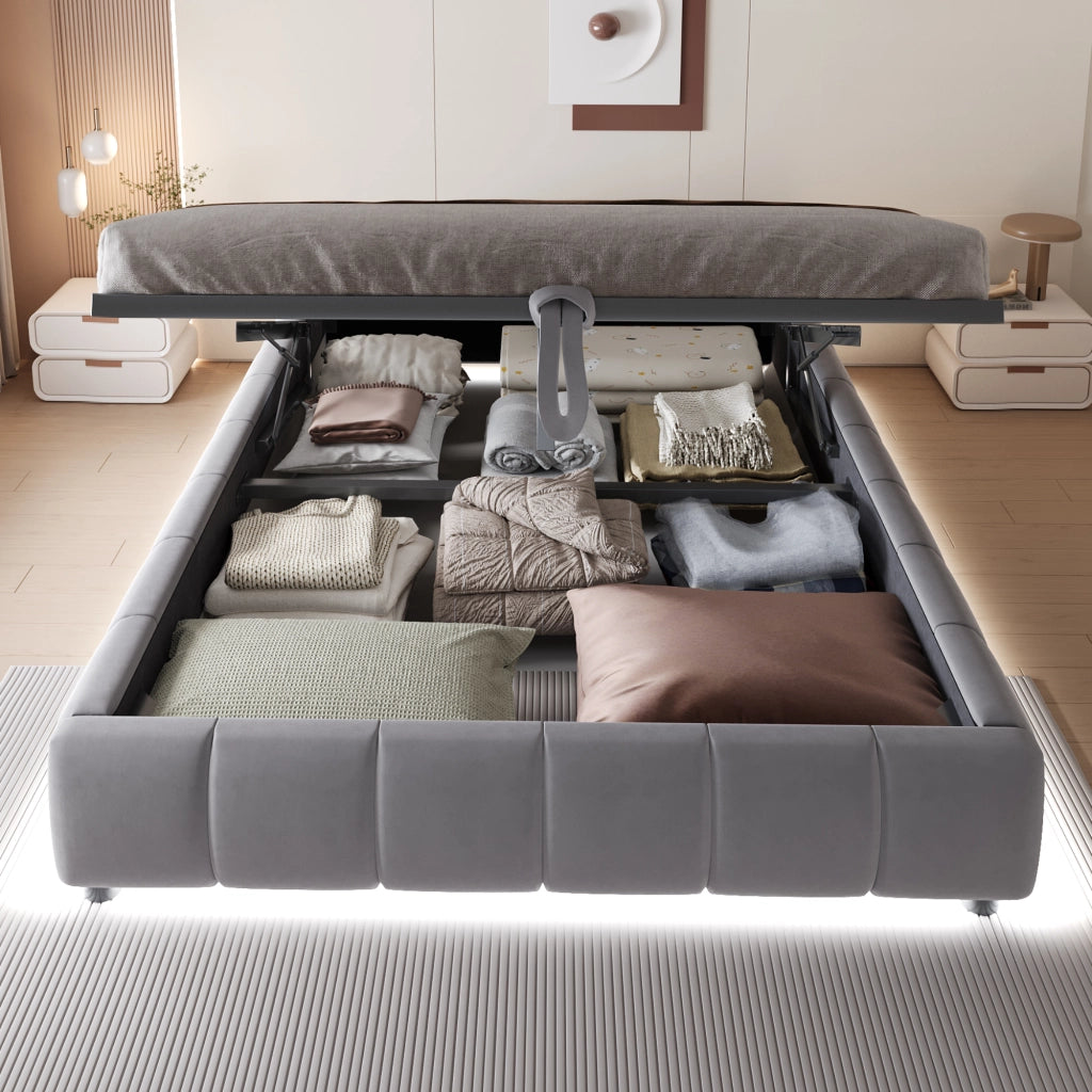 Letto imbottito 140x200 cm con vano contenitore idraulico e LED bianco; velluto grigio; senza testiera