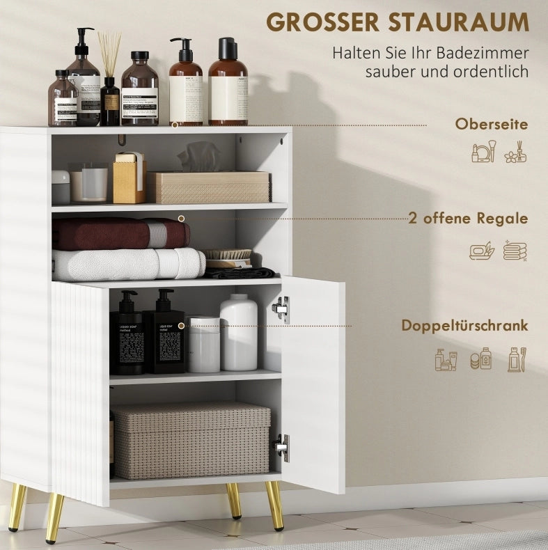 Mobile bagno bianco in MDF con ante soft-close, 2 ripiani aperti e gambe dorate