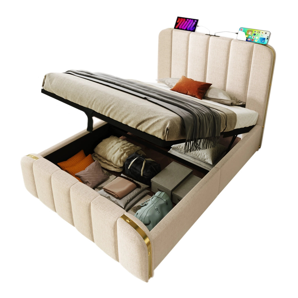 Letto singolo imbottito 90x200 cm con testiera beige in lino, strisce dorate e funzione di ricarica USB Tipo-C, contenitore idraulico incluso