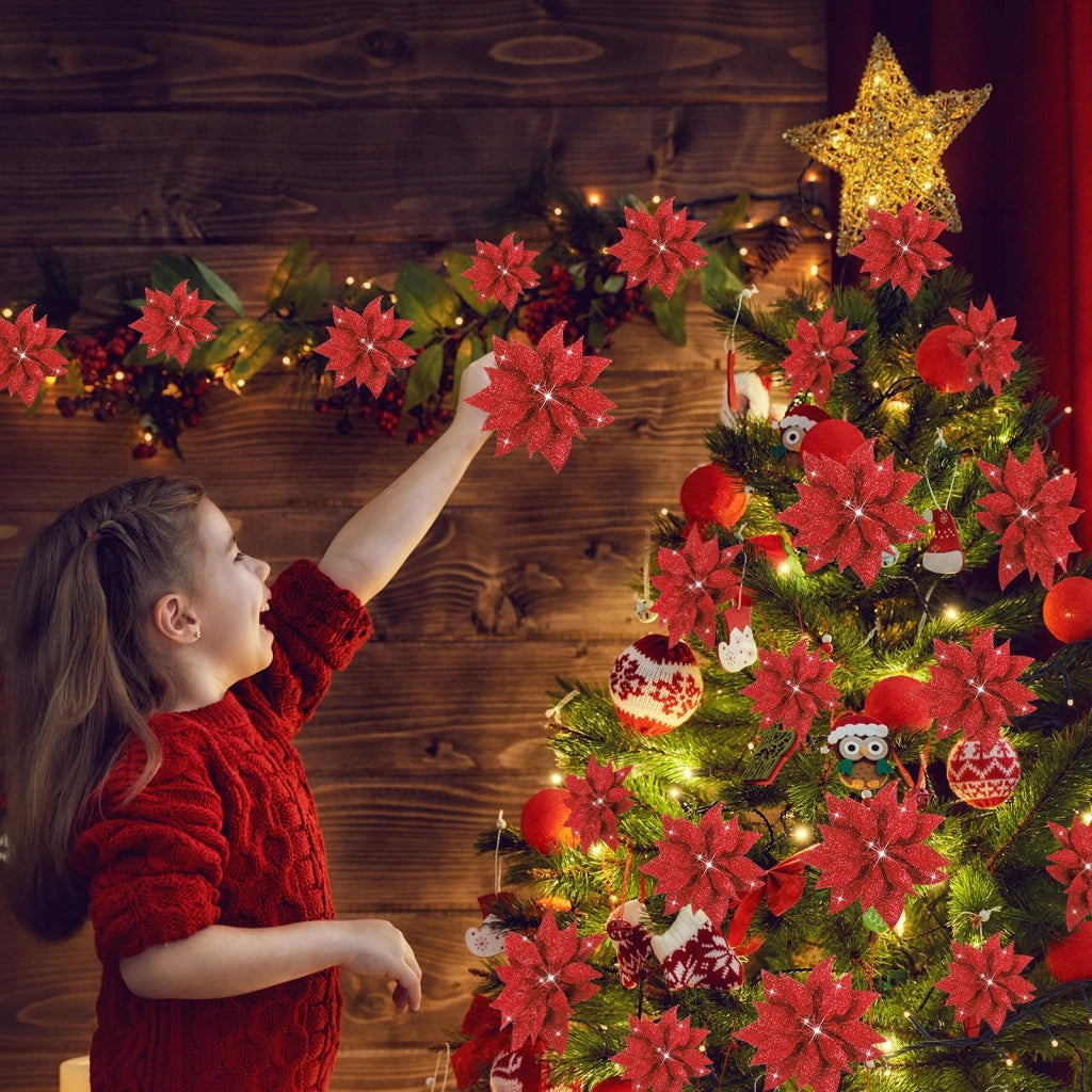 Fiori artificiali di Natale a stella, 36 pezzi, 3 dimensioni, colore rosso, con clip